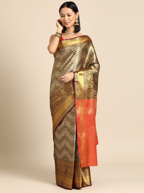 Black Brocade Woven Zari Design Striped Saree with Unstitched Blouse - Hiral Fashion | Grocsy