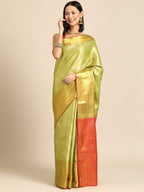 Green Brocade Woven Zari Design Striped Saree with Unstitched Blouse - Hiral Fashion | Grocsy