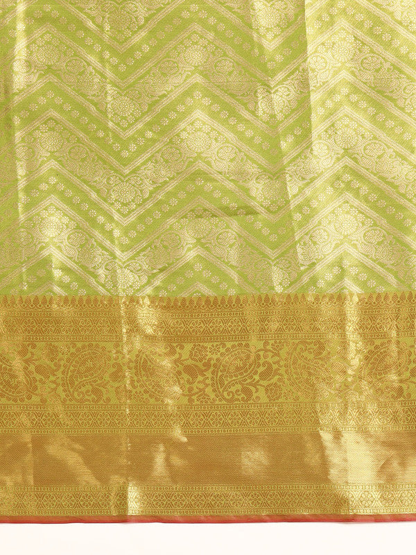 Green Brocade Woven Zari Design Striped Saree with Unstitched Blouse - Hiral Fashion | Grocsy