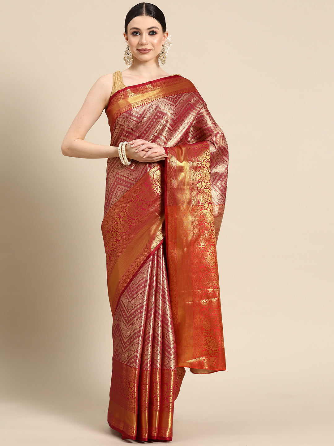 Pink Brocade Woven Zari Design Striped Saree with Unstitched Blouse - Hiral Fashion | Grocsy