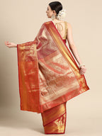Pink Brocade Woven Zari Design Striped Saree with Unstitched Blouse - Hiral Fashion | Grocsy