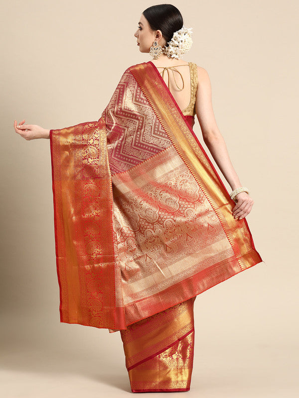Pink Brocade Woven Zari Design Striped Saree with Unstitched Blouse - Hiral Fashion | Grocsy