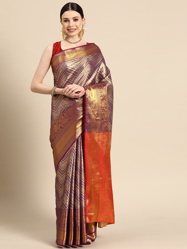 Purple Brocade Woven Zari Design Striped Saree with Unstitched Blouse - Hiral Fashion | Grocsy