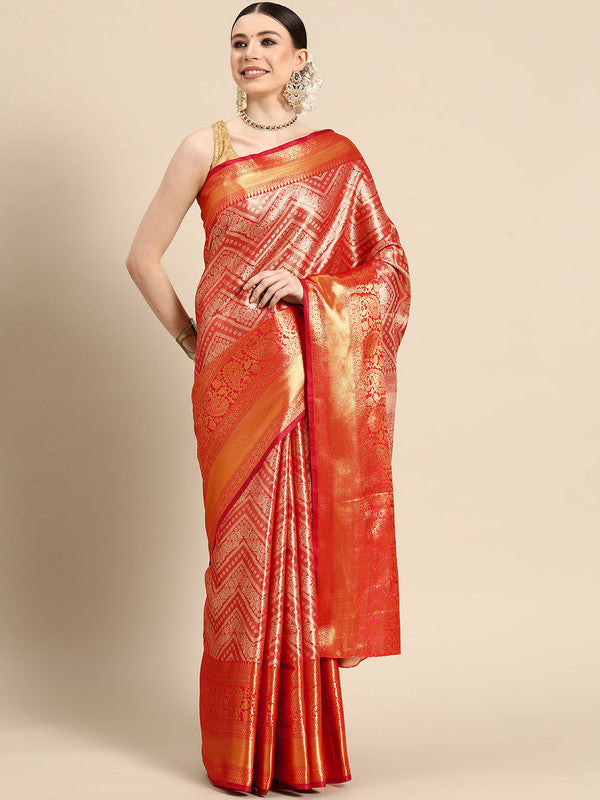 Red Brocade Woven Zari Design Striped Saree with Unstitched Blouse - Hiral Fashion | Grocsy
