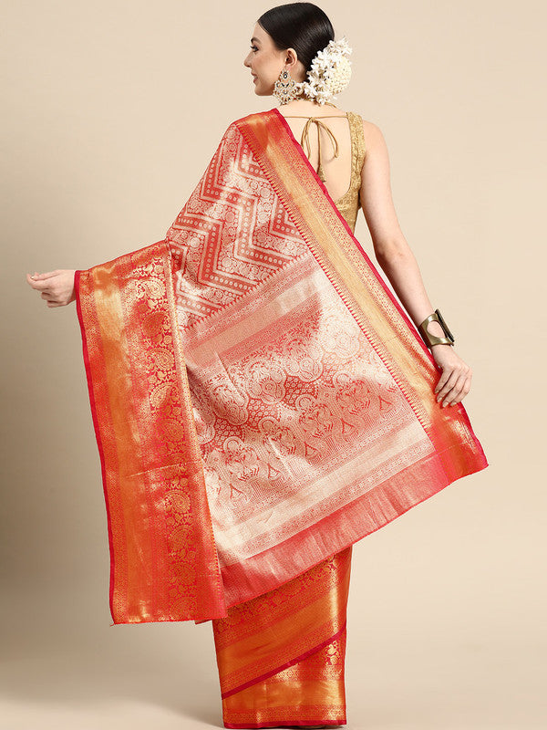 Red Brocade Woven Zari Design Striped Saree with Unstitched Blouse - Hiral Fashion | Grocsy