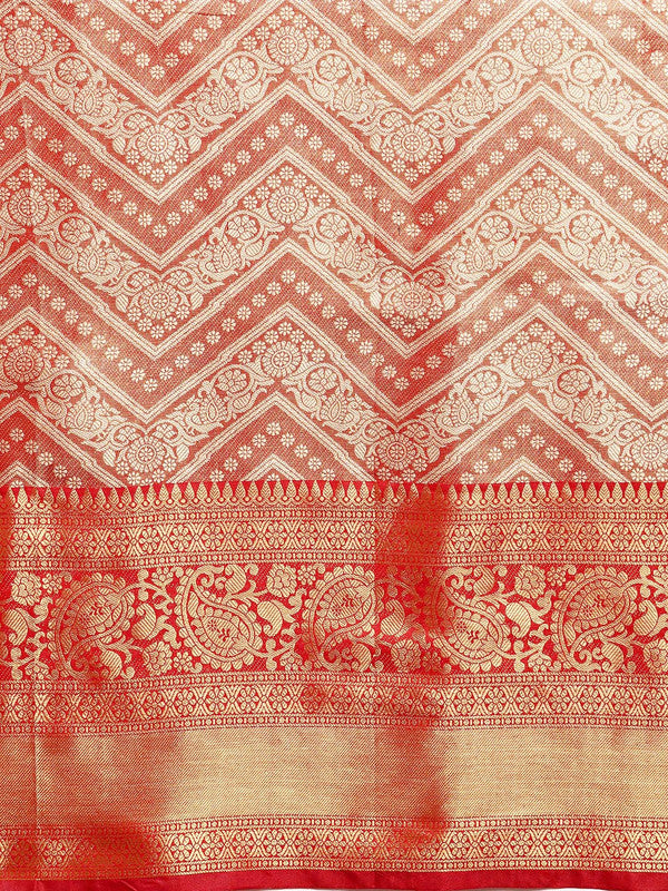 Red Brocade Woven Zari Design Striped Saree with Unstitched Blouse - Hiral Fashion | Grocsy