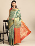 Turquoise Brocade Woven Zari Design Striped Saree with Unstitched Blouse - Hiral Fashion | Grocsy