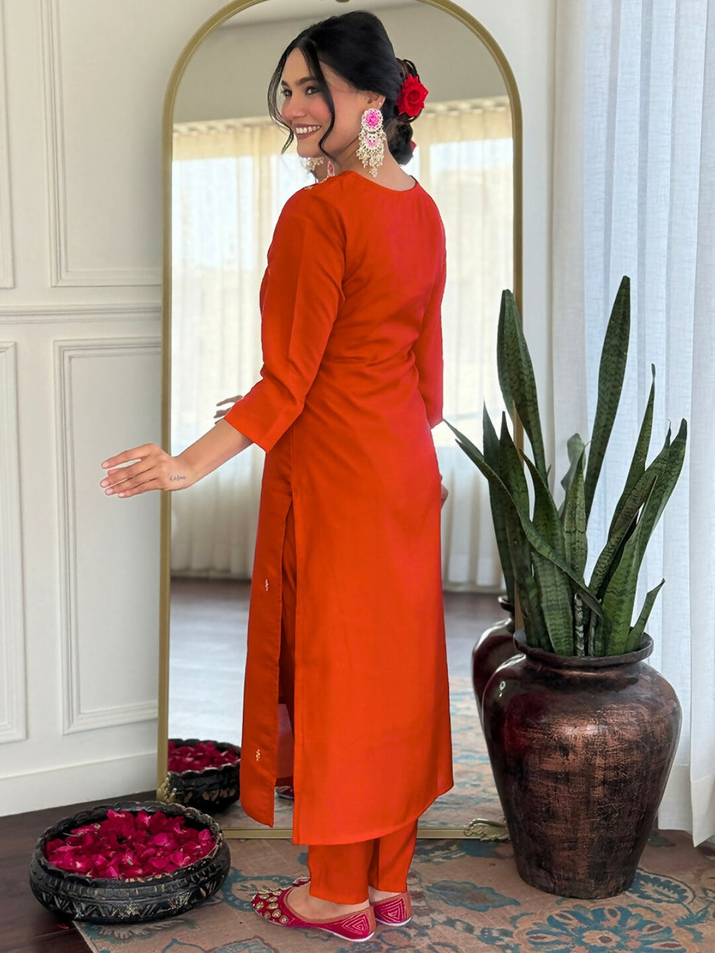 The52 Rust Women's Gorgeous Roman Silk Fabric Straight Kurta, Pant and Dupatta Set | Grocsy