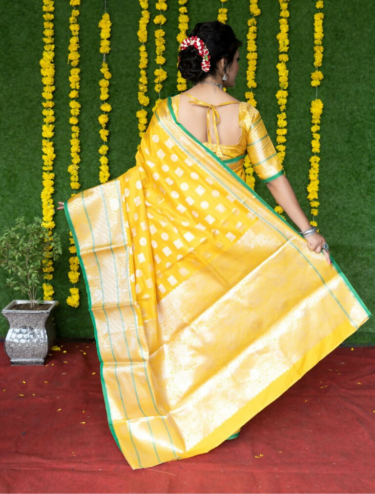 Jyoti Fashion Women's Yellow Soft Handloom Silk Zari Woven Saree with Blouse | Grocsy
