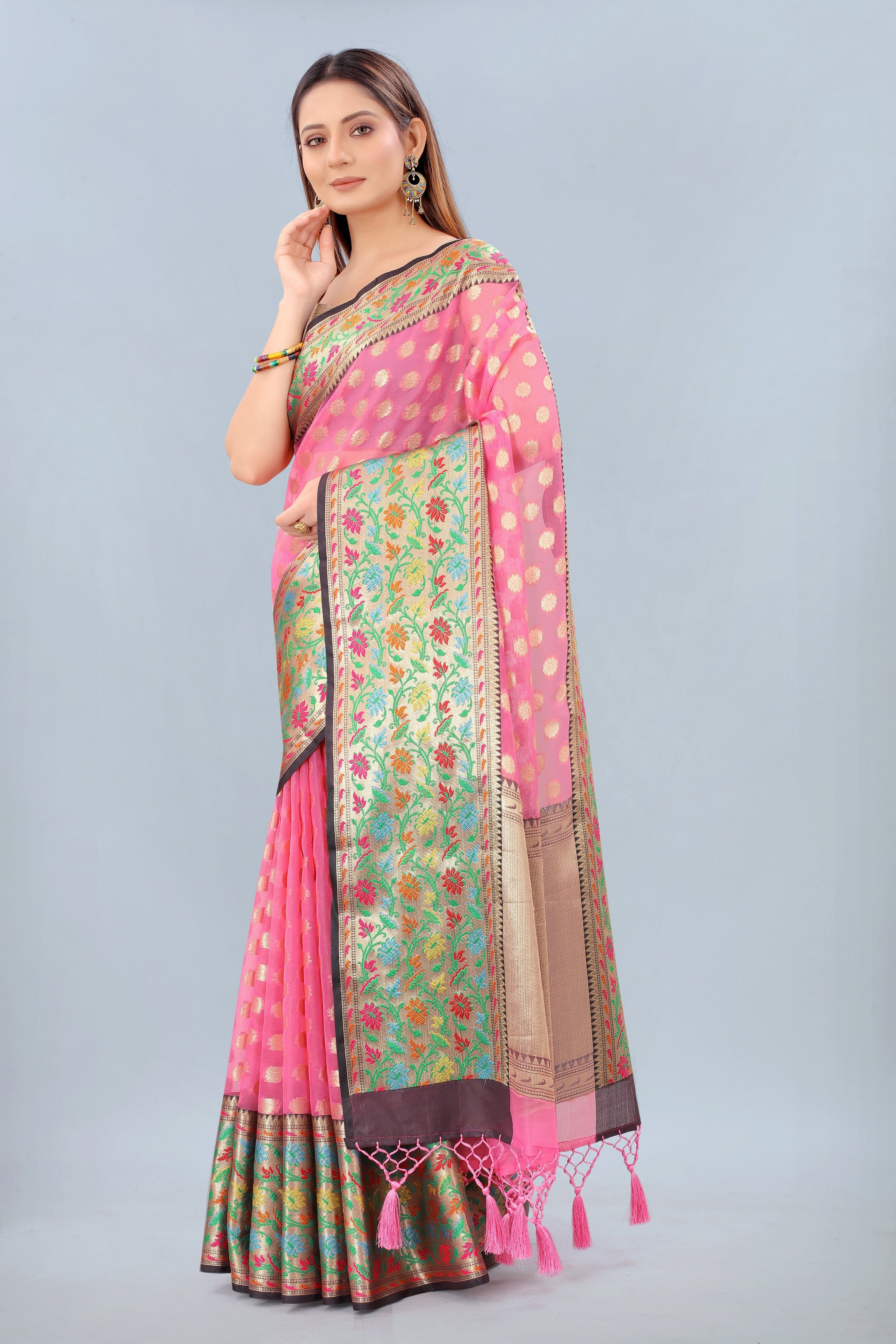 Hiral Fashion Pink Banarasi Art Silk Woven Design Saree | Grocsy