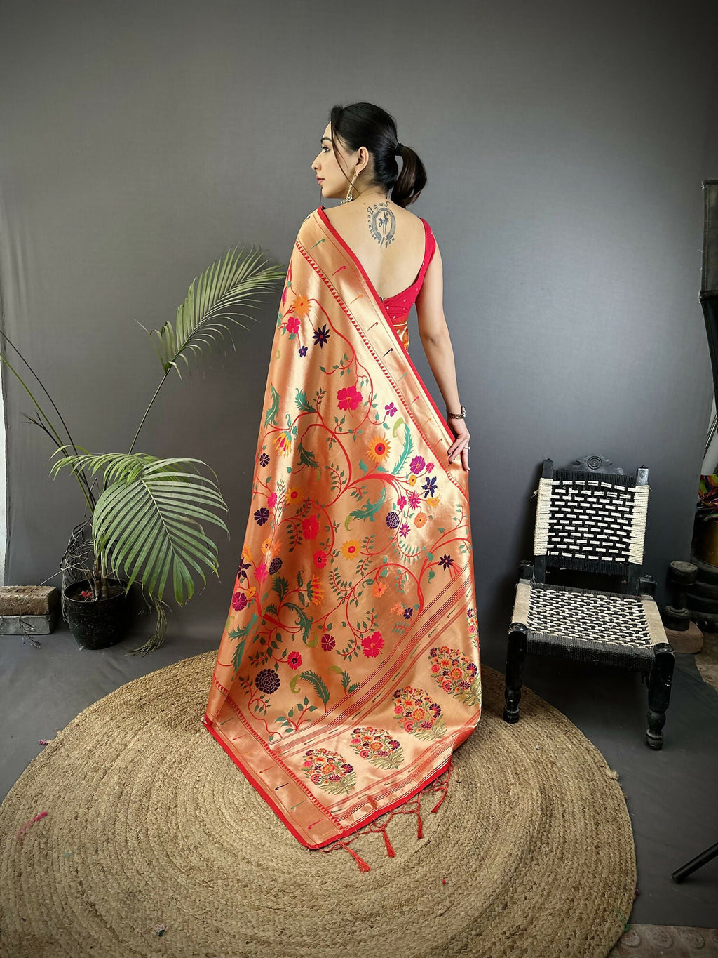 Joban Fashion Pastel Red Floral & Bird Motifs Soft Silk Paithani Saree | Grocsy