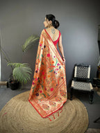Joban Fashion Pastel Red Floral & Bird Motifs Soft Silk Paithani Saree | Grocsy