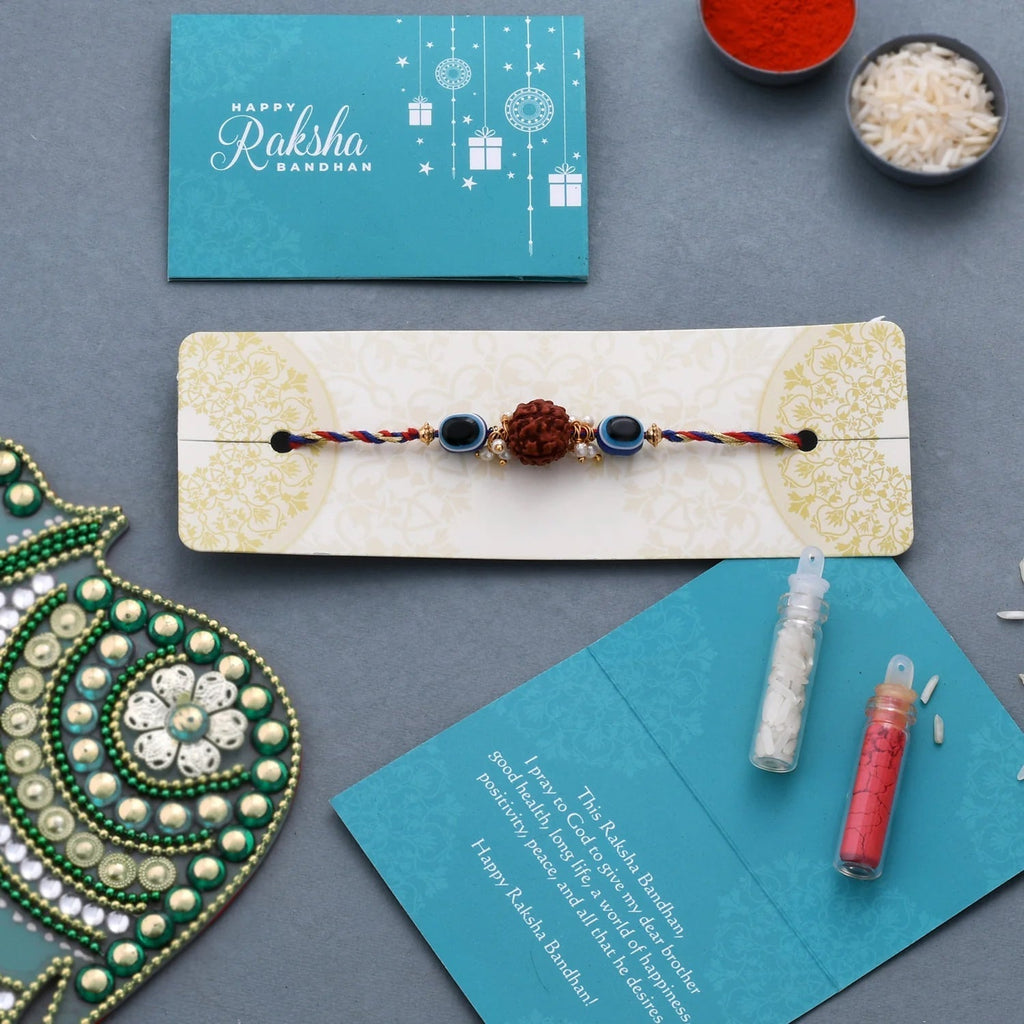 trueBrowns X Voylla Evil Eye Beaded Rakhi Embellished With Rudraksha | Grocsy