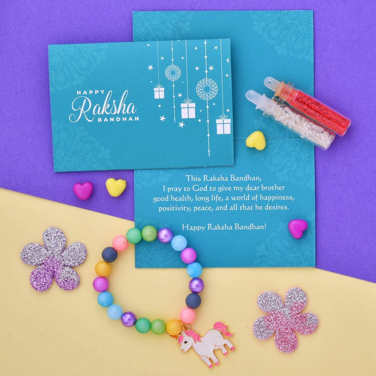 trueBrowns X Voylla Pink Unicorn Kids Convertible Rakhi with Colorful Beads | Grocsy