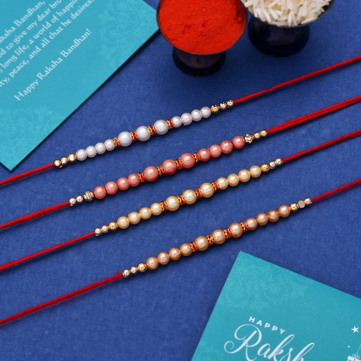 trueBrowns X Voylla Set of 4 Pearl Beads Embellished Flamboyant Rakhi | Grocsy