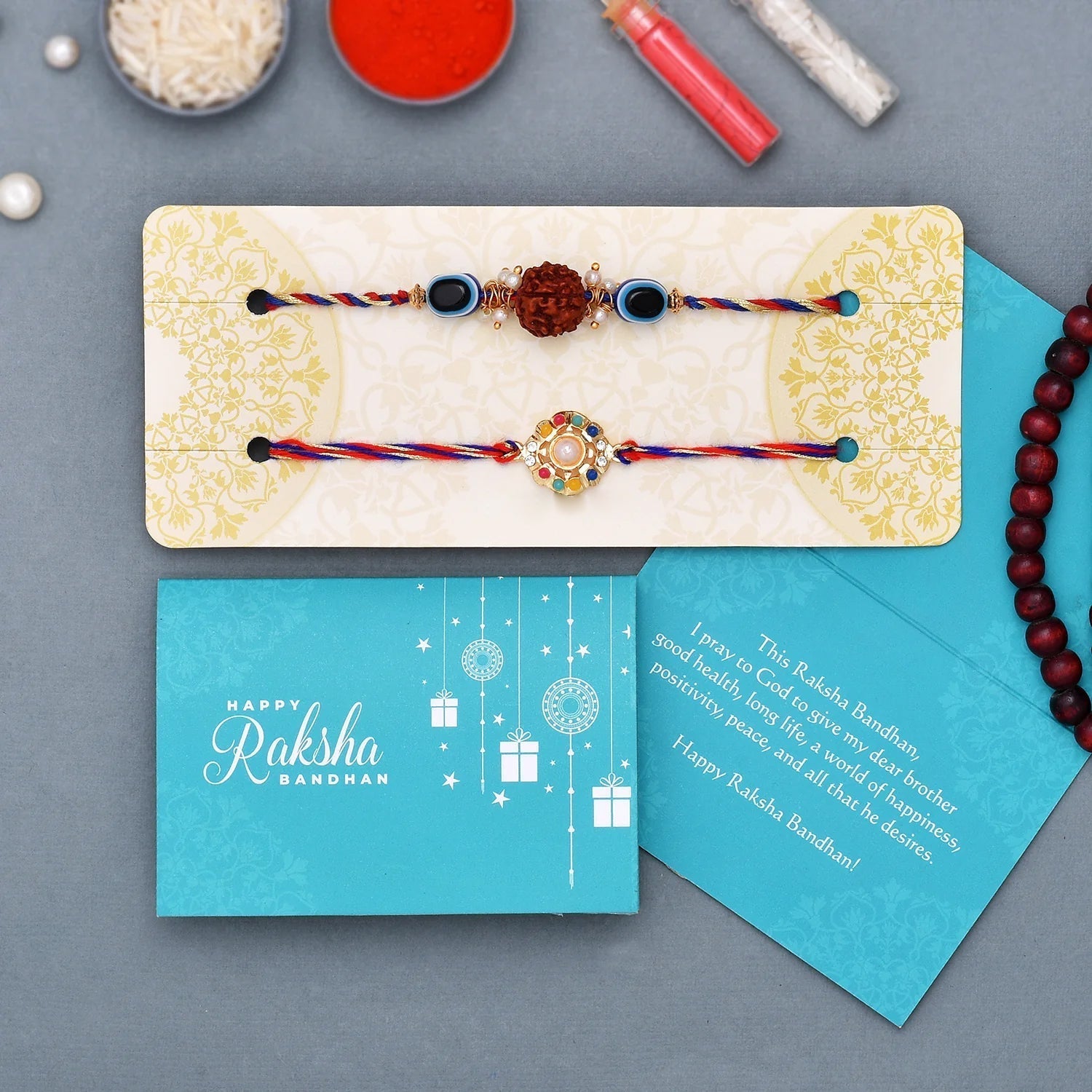 trueBrowns X Voylla Set Of 2 Colorful Stones And Rudraksha Evil Eye Rakhi | Grocsy
