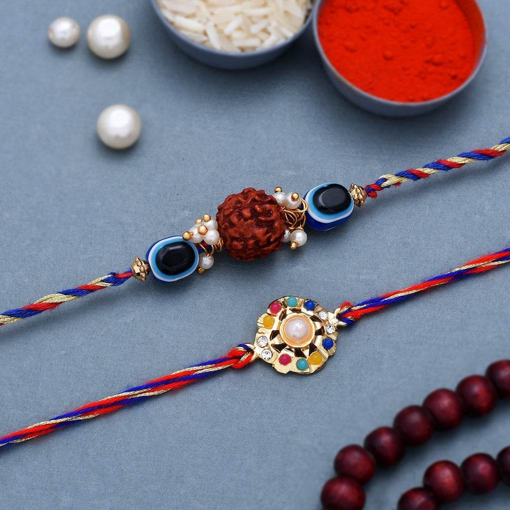 trueBrowns X Voylla Set Of 2 Colorful Stones And Rudraksha Evil Eye Rakhi | Grocsy