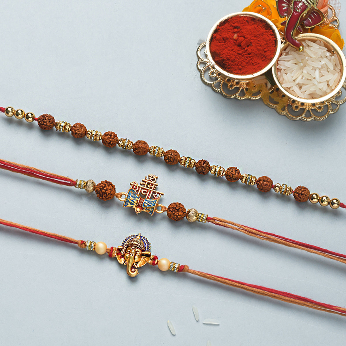 trueBrowns X Voylla Set Of 3 Auspicious Rudraksha Studded Rakhis | Grocsy