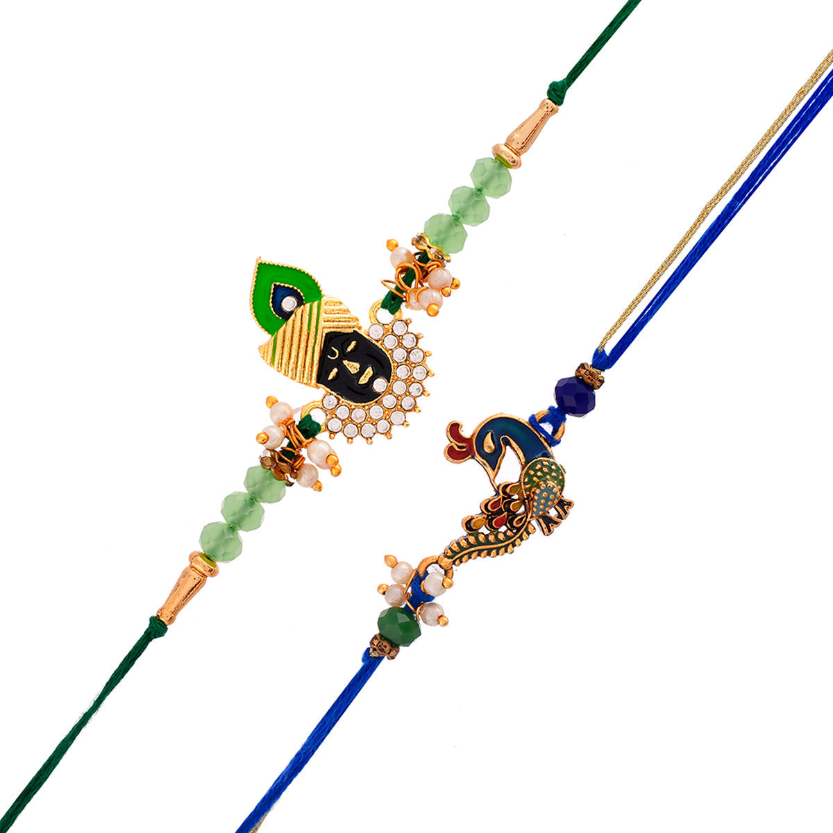 trueBrowns X Voylla Pack of 2 Green Lord Krishna And Blue Peacock Rakhi | Grocsy