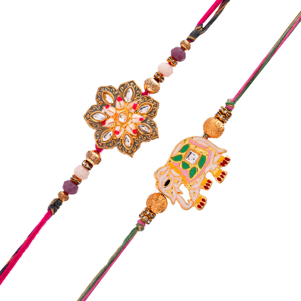 trueBrowns X Voylla Pack of 2 Meenakari Kundan Floral And Elephant Rakhi | Grocsy
