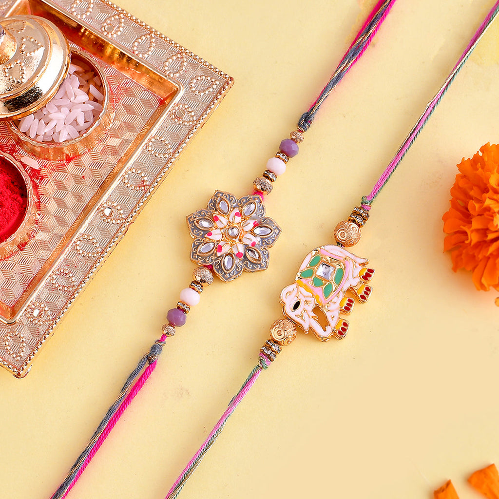 trueBrowns X Voylla Pack of 2 Meenakari Kundan Floral And Elephant Rakhi | Grocsy