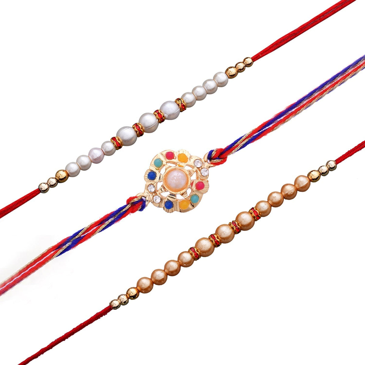 trueBrowns X Voylla Set of 3 Pearl Beads Studded Thread Rakhi | Grocsy