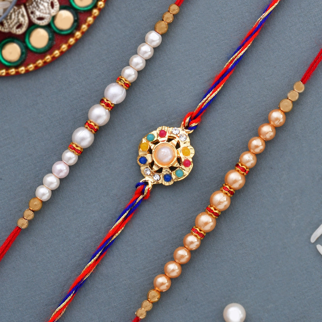 trueBrowns X Voylla Set of 3 Pearl Beads Studded Thread Rakhi | Grocsy