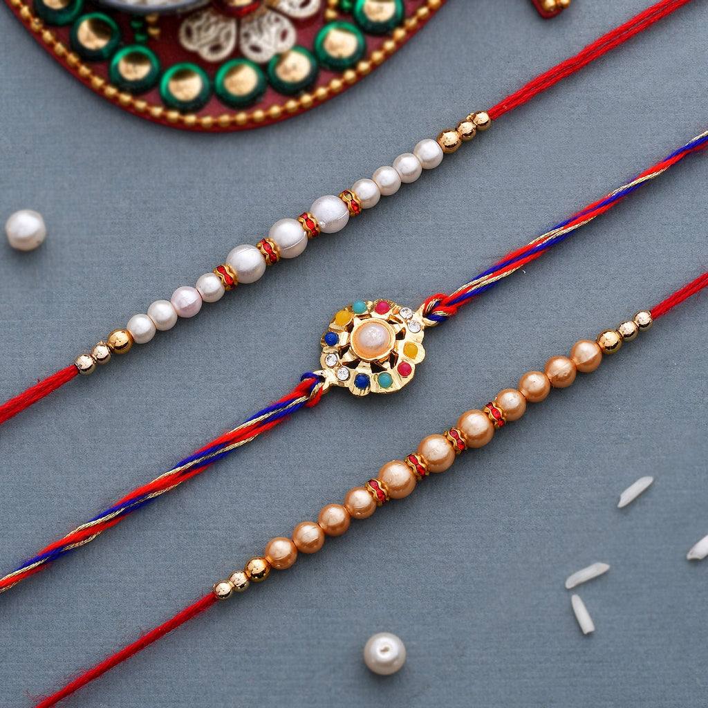 trueBrowns X Voylla Set of 3 Pearl Beads Studded Thread Rakhi | Grocsy