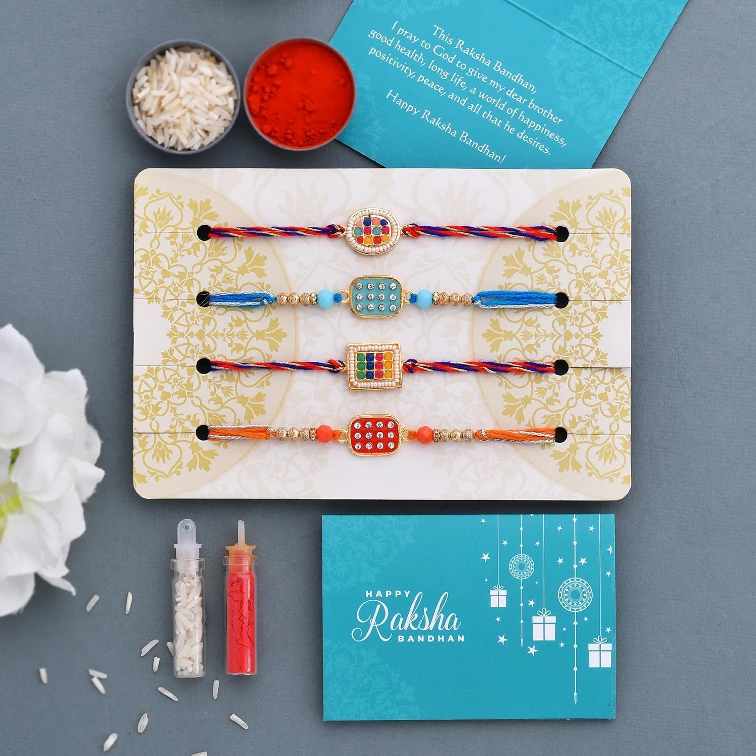 trueBrowns X Voylla Set of 4 Meenakari Kundan Embellished Rakhi | Grocsy