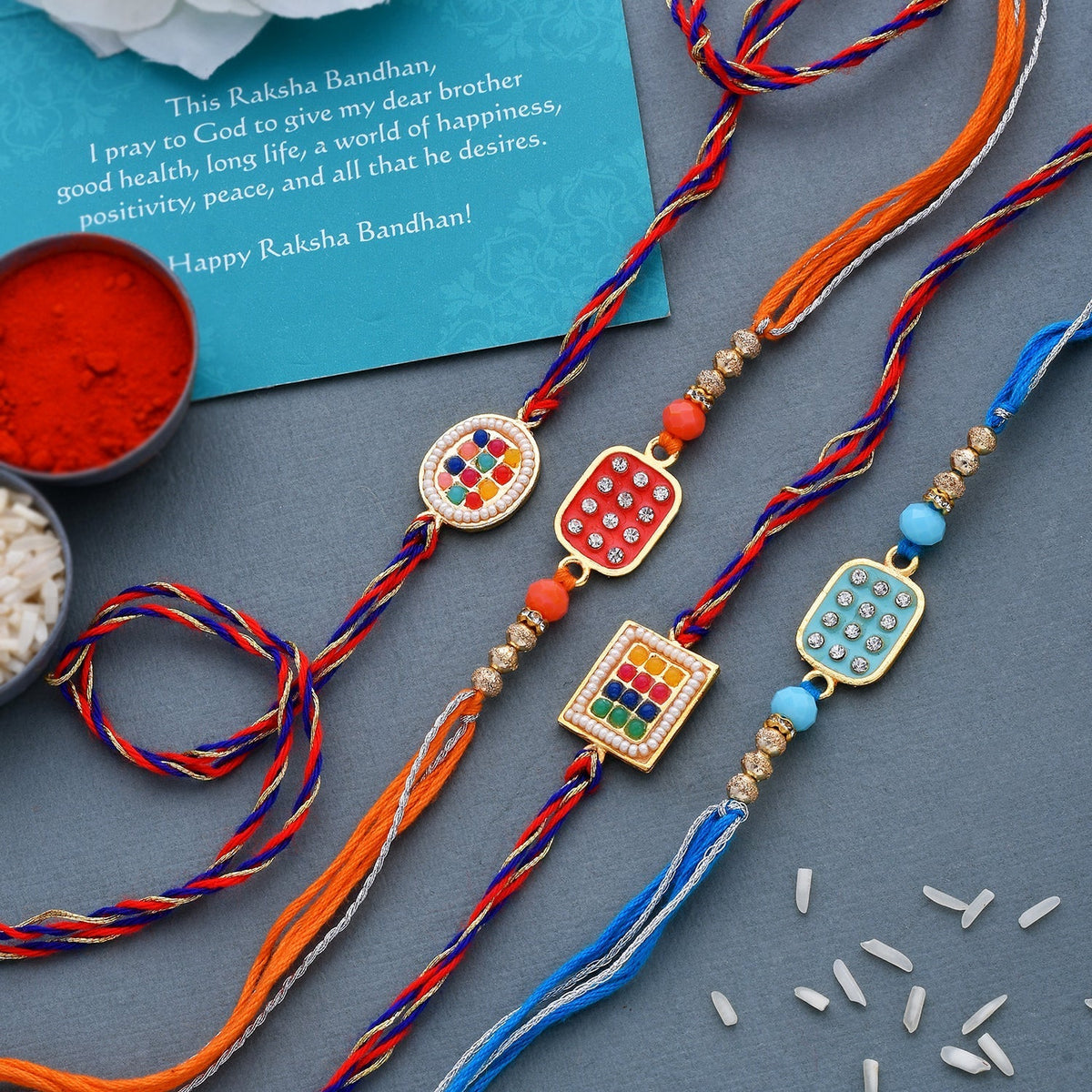 trueBrowns X Voylla Set of 4 Meenakari Kundan Embellished Rakhi | Grocsy
