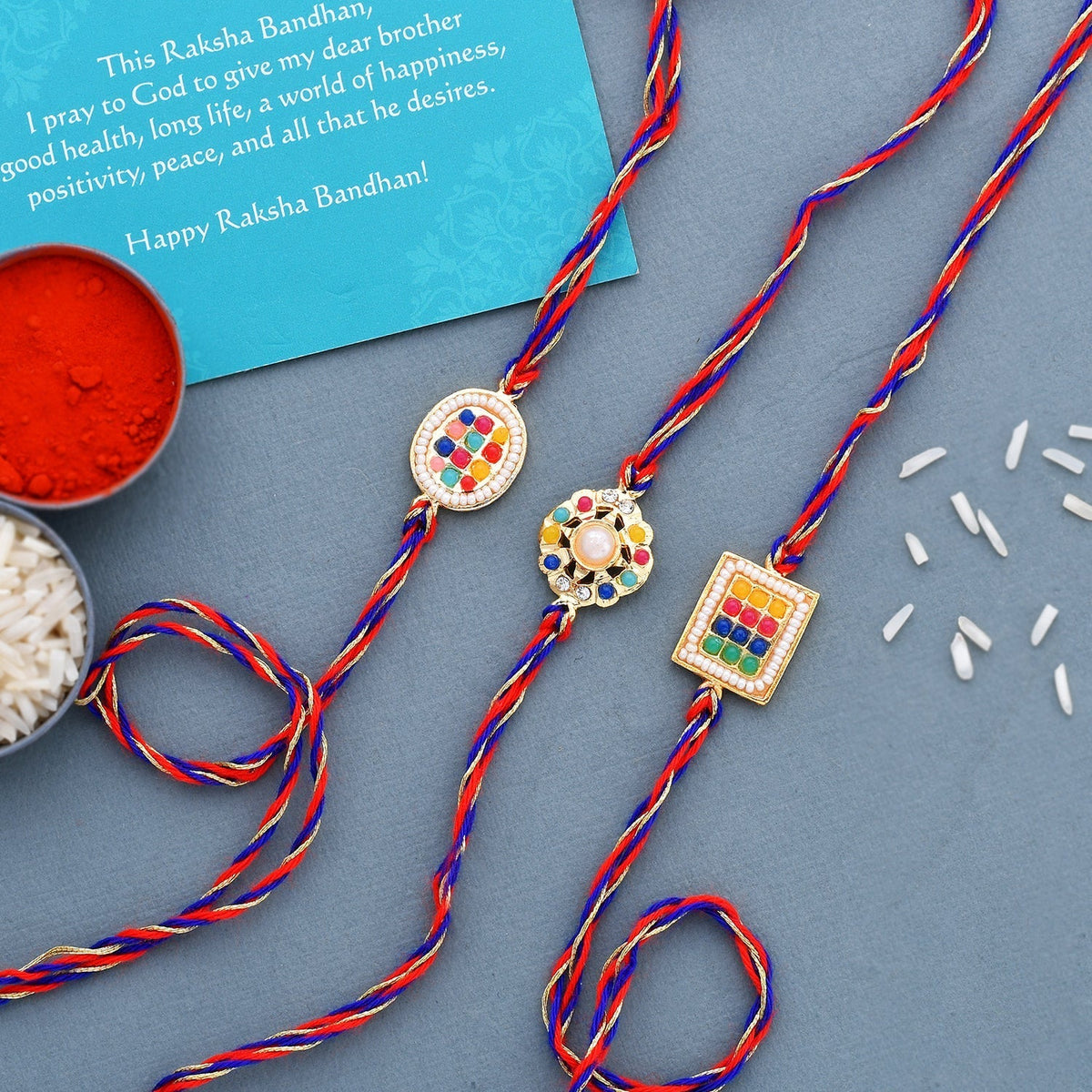 trueBrowns X Voylla Set of 3 Colorful Beads Studded Thread Rakhi | Grocsy