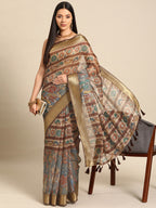 Multicolor Cotton Blend Printed Kalamkari Saree with Unstitched Blouse - Hiral Fashion | Grocsy