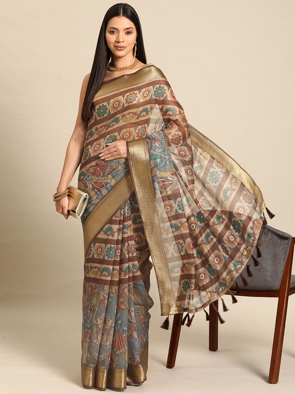 Multicolor Cotton Blend Printed Kalamkari Saree with Unstitched Blouse - Hiral Fashion | Grocsy
