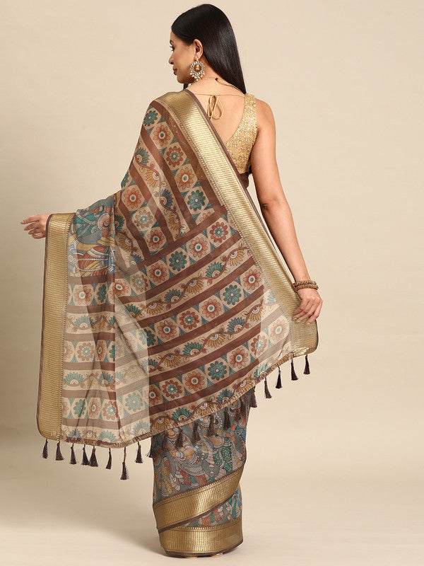Multicolor Cotton Blend Printed Kalamkari Saree with Unstitched Blouse - Hiral Fashion | Grocsy