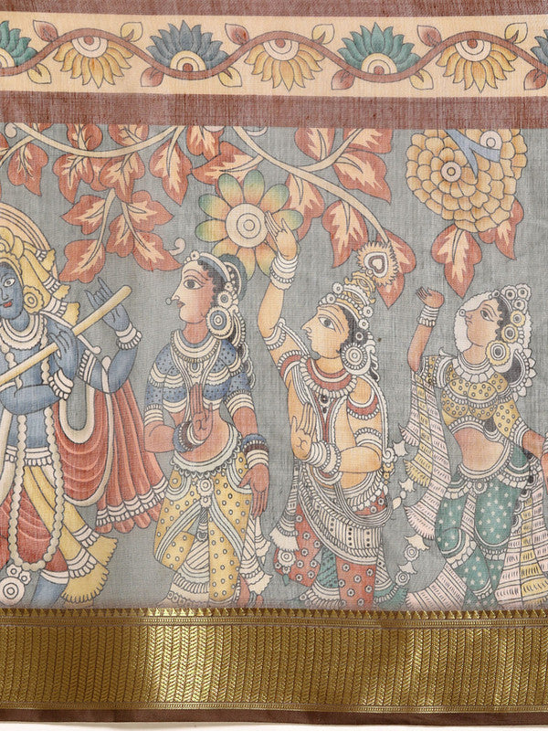 Multicolor Cotton Blend Printed Kalamkari Saree with Unstitched Blouse - Hiral Fashion | Grocsy