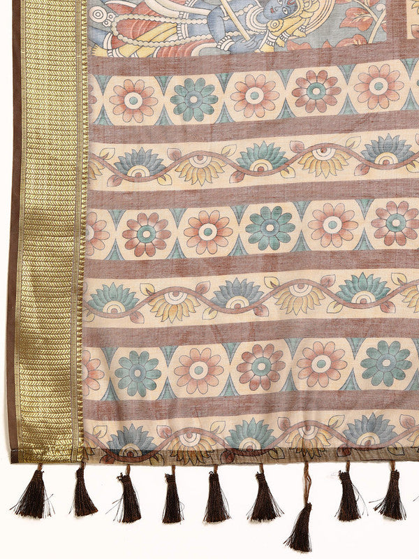 Multicolor Cotton Blend Printed Kalamkari Saree with Unstitched Blouse - Hiral Fashion | Grocsy