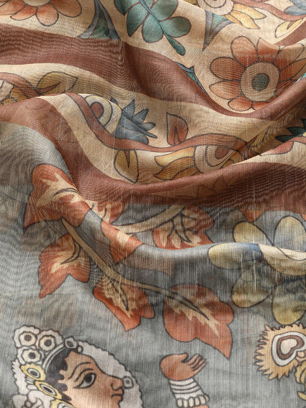 Multicolor Cotton Blend Printed Kalamkari Saree with Unstitched Blouse - Hiral Fashion | Grocsy
