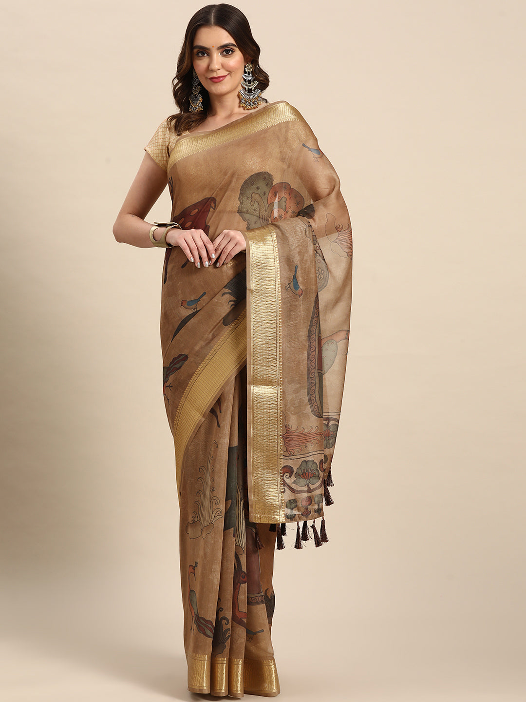 Multicolor Cotton Blend Printed Kalamkari Saree with Unstitched Blouse - Hiral Fashion | Grocsy