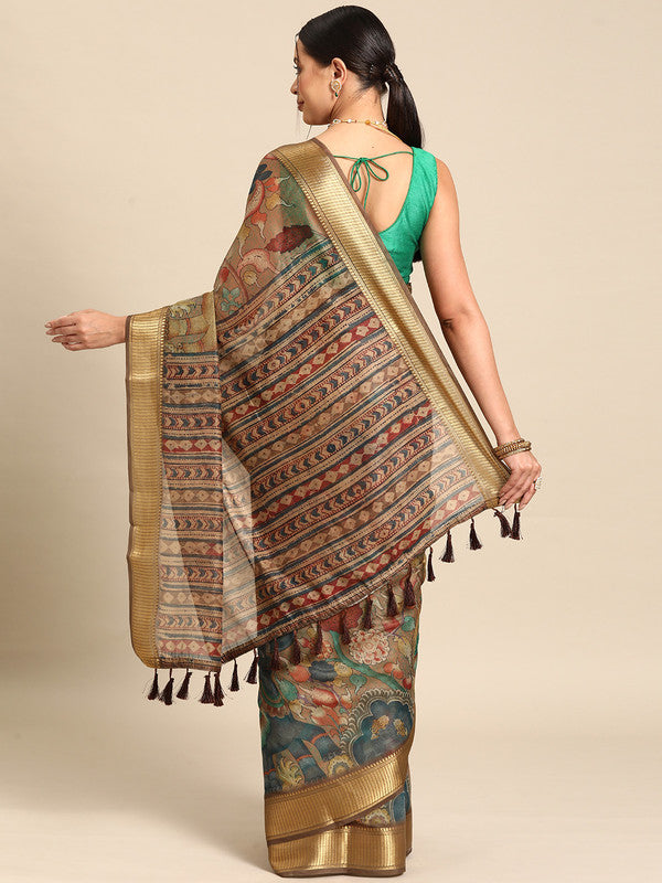 Multicolor Cotton Blend Printed Kalamkari Saree with Unstitched Blouse - Hiral Fashion | Grocsy