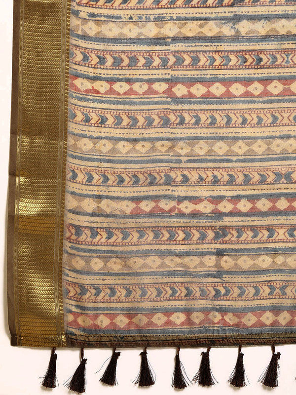 Multicolor Cotton Blend Printed Kalamkari Saree with Unstitched Blouse - Hiral Fashion | Grocsy