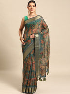 Multicolor Cotton Blend Printed Kalamkari Saree with Unstitched Blouse - Hiral Fashion | Grocsy
