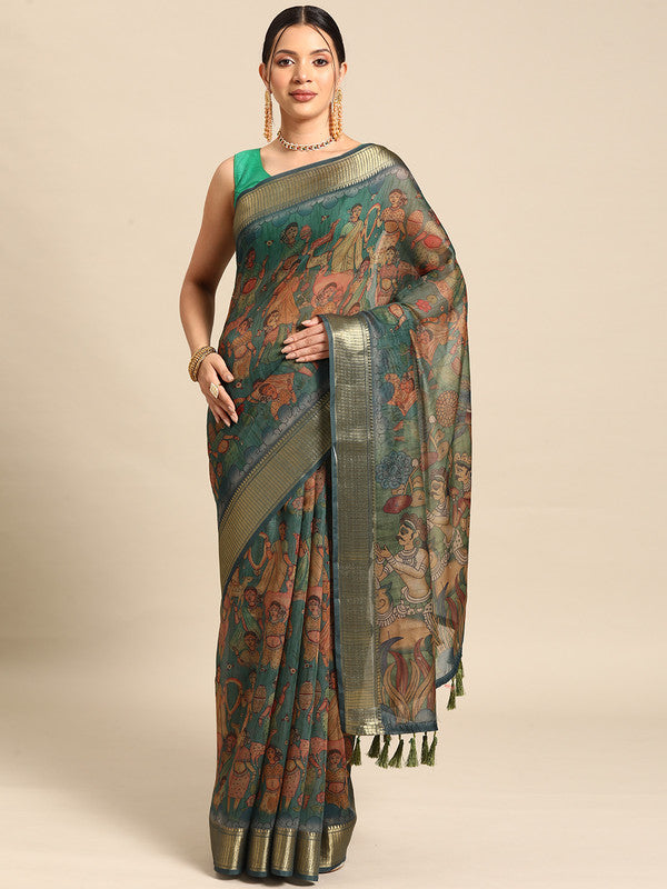 Multicolor Cotton Blend Printed Kalamkari Saree with Unstitched Blouse - Hiral Fashion | Grocsy