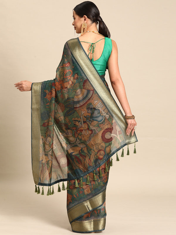 Multicolor Cotton Blend Printed Kalamkari Saree with Unstitched Blouse - Hiral Fashion | Grocsy