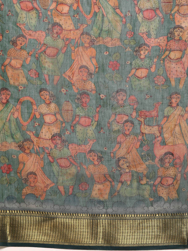 Multicolor Cotton Blend Printed Kalamkari Saree with Unstitched Blouse - Hiral Fashion | Grocsy