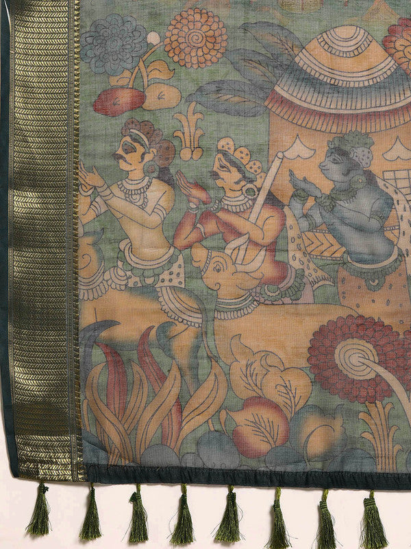 Multicolor Cotton Blend Printed Kalamkari Saree with Unstitched Blouse - Hiral Fashion | Grocsy