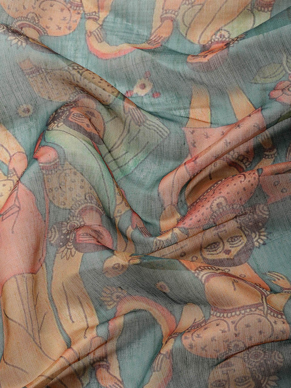 Multicolor Cotton Blend Printed Kalamkari Saree with Unstitched Blouse - Hiral Fashion | Grocsy