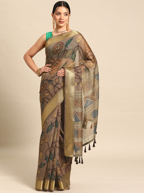 Multicolor Cotton Blend Printed Kalamkari Saree with Unstitched Blouse - Hiral Fashion | Grocsy