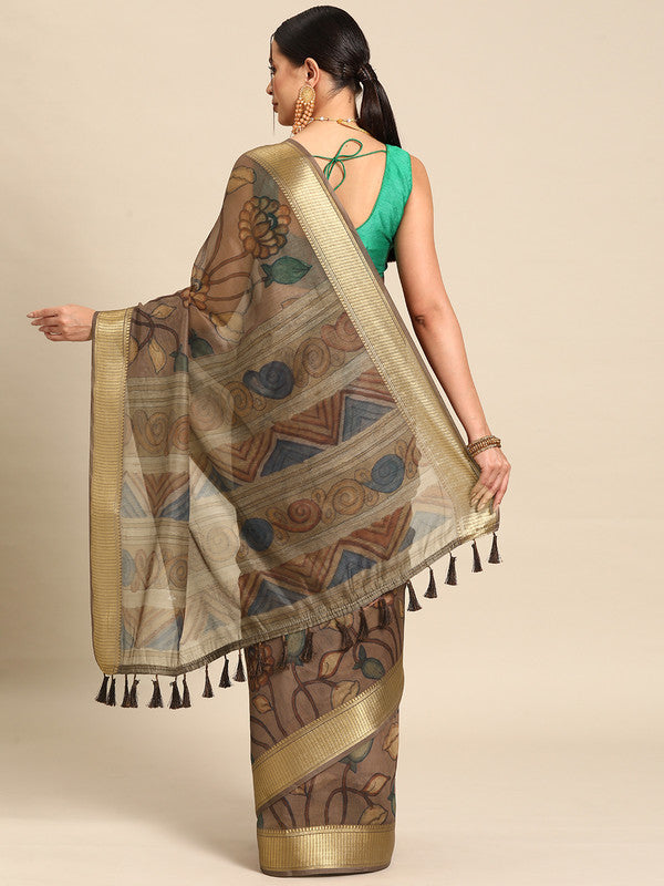 Multicolor Cotton Blend Printed Kalamkari Saree with Unstitched Blouse - Hiral Fashion | Grocsy