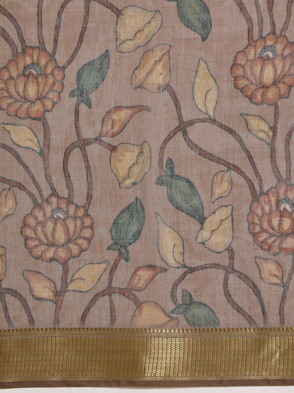 Multicolor Cotton Blend Printed Kalamkari Saree with Unstitched Blouse - Hiral Fashion | Grocsy