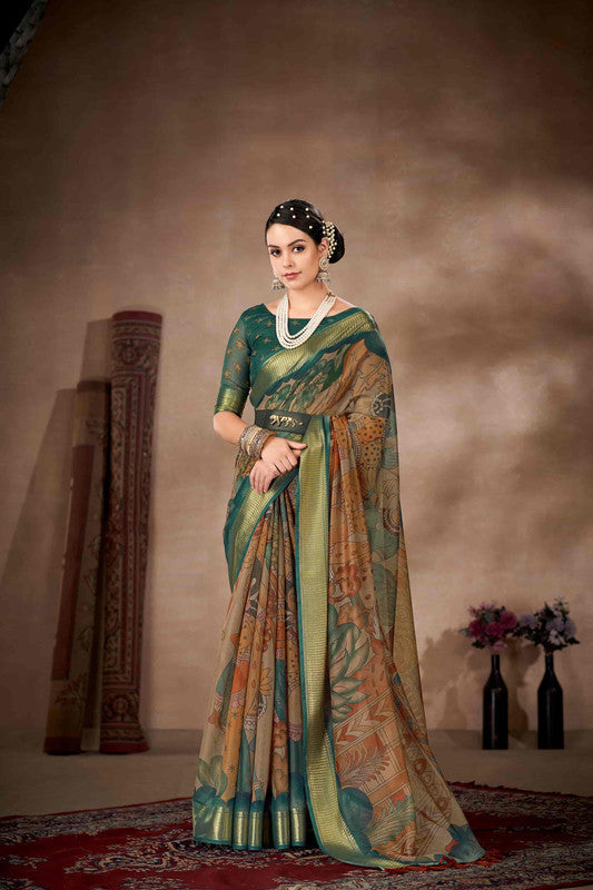 Multicolor Cotton Blend Printed Kalamkari Saree with Unstitched Blouse - Hiral Fashion | Grocsy